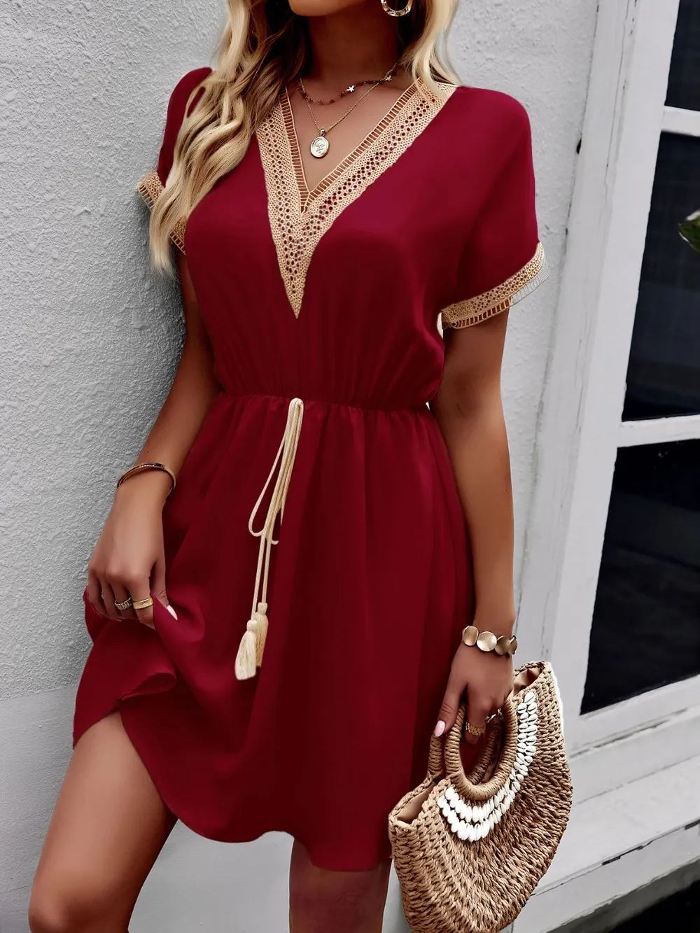 Contrast Trim V-Neck Short Sleeve Mini Dress, image 4