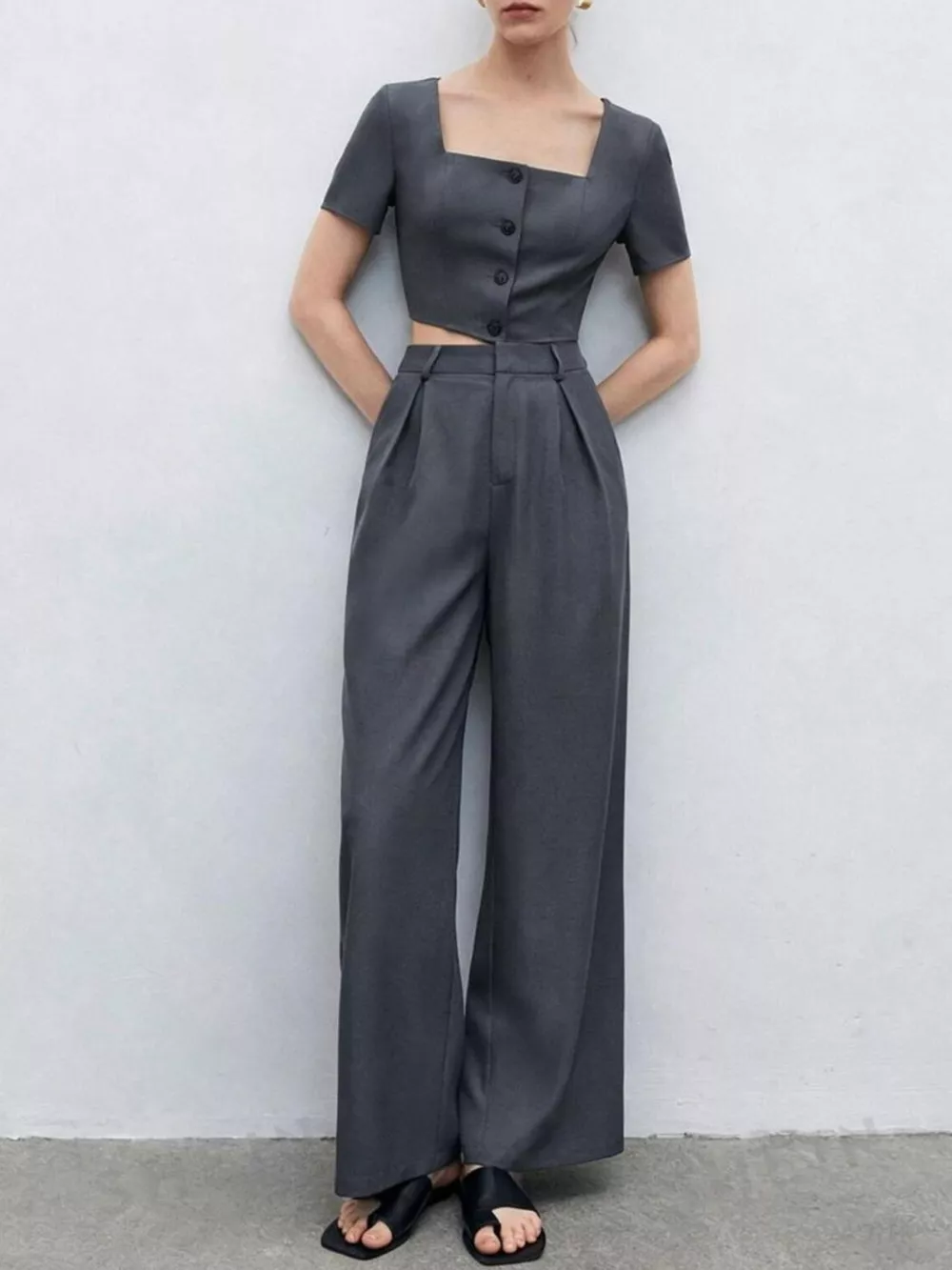 Square Neck Crop Top & Wide Leg Pants Set, image 4