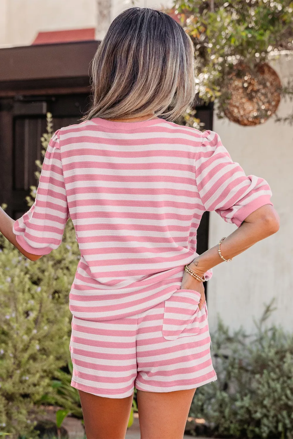 Striped Round Neck Top and Shorts Set, image 11