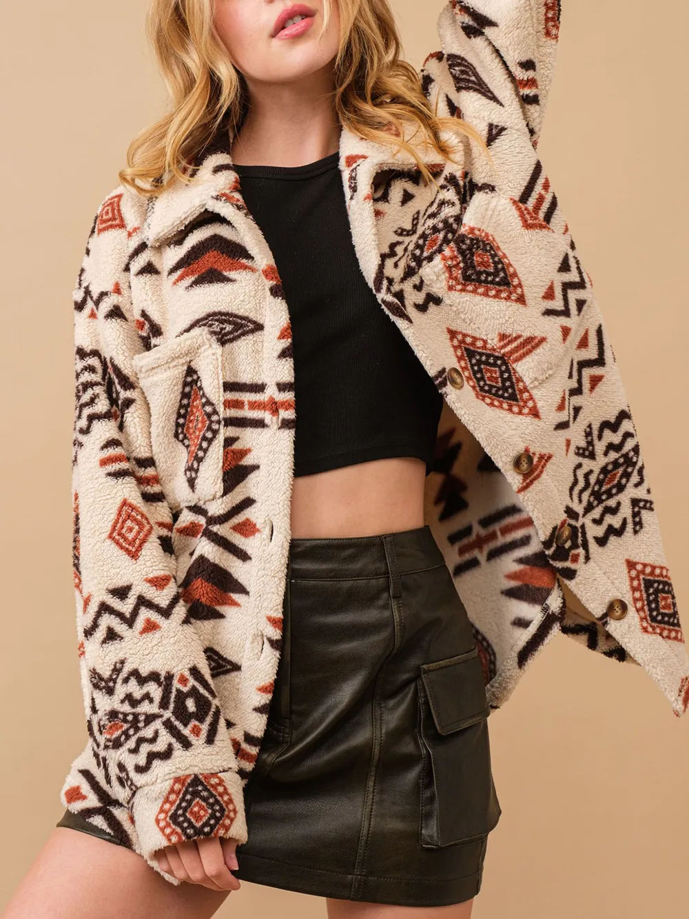Geometric Button Up Long Sleeve Sherpa Jacket, image 6