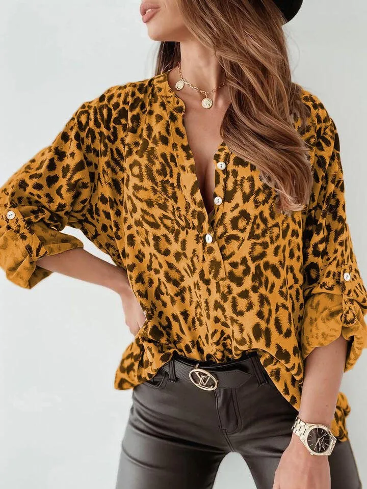 Leopard Button Detail Notched Long Sleeve Blouse, image 5
