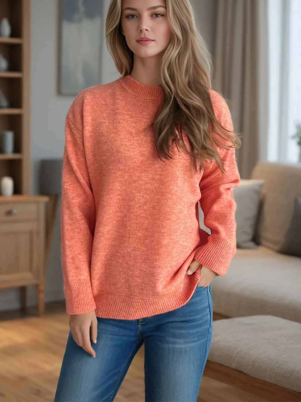 Round Neck Drop Shoulder Long Sleeve Sweater, image 13