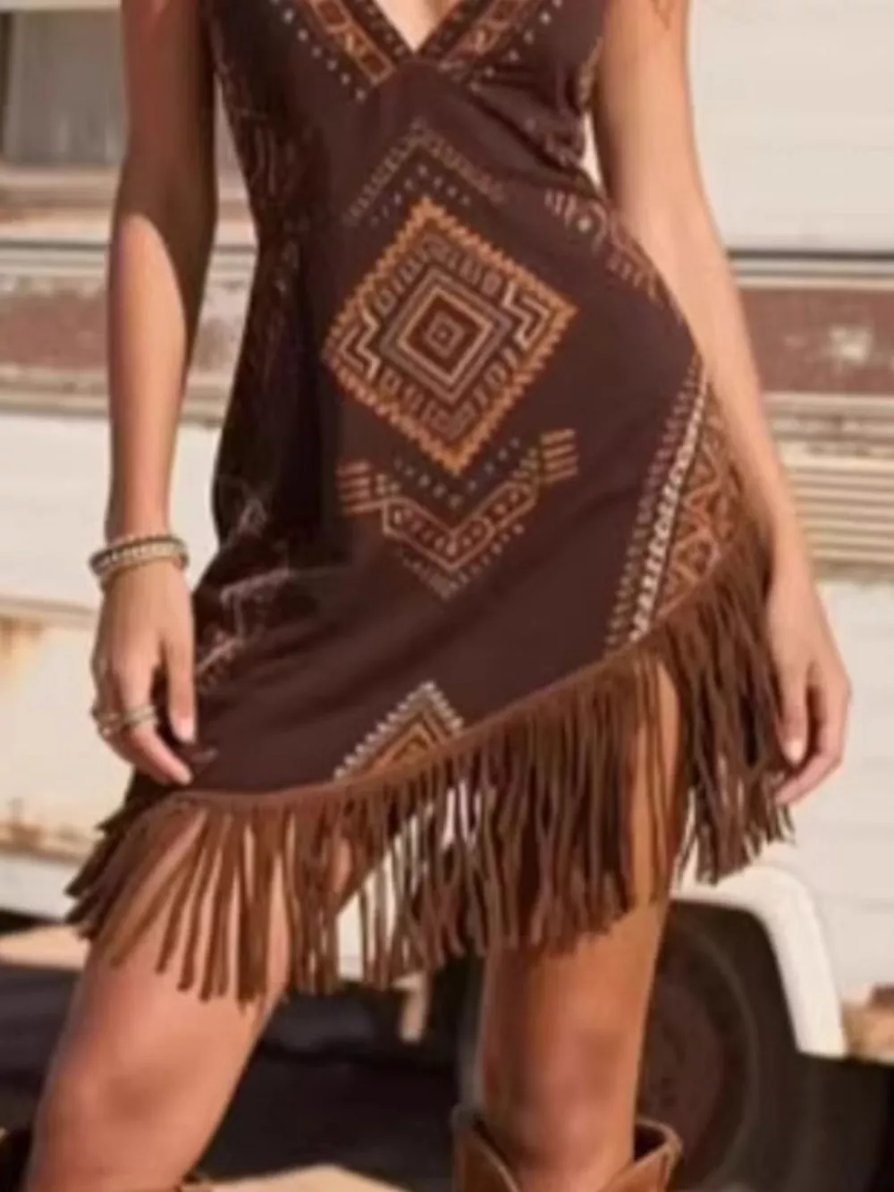 Fringe Trim Geometric Mini Dress, image 2