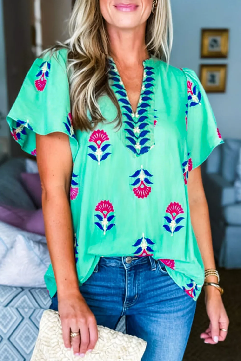 Floral V Neck Flutter Sleeve Blouse, image 3