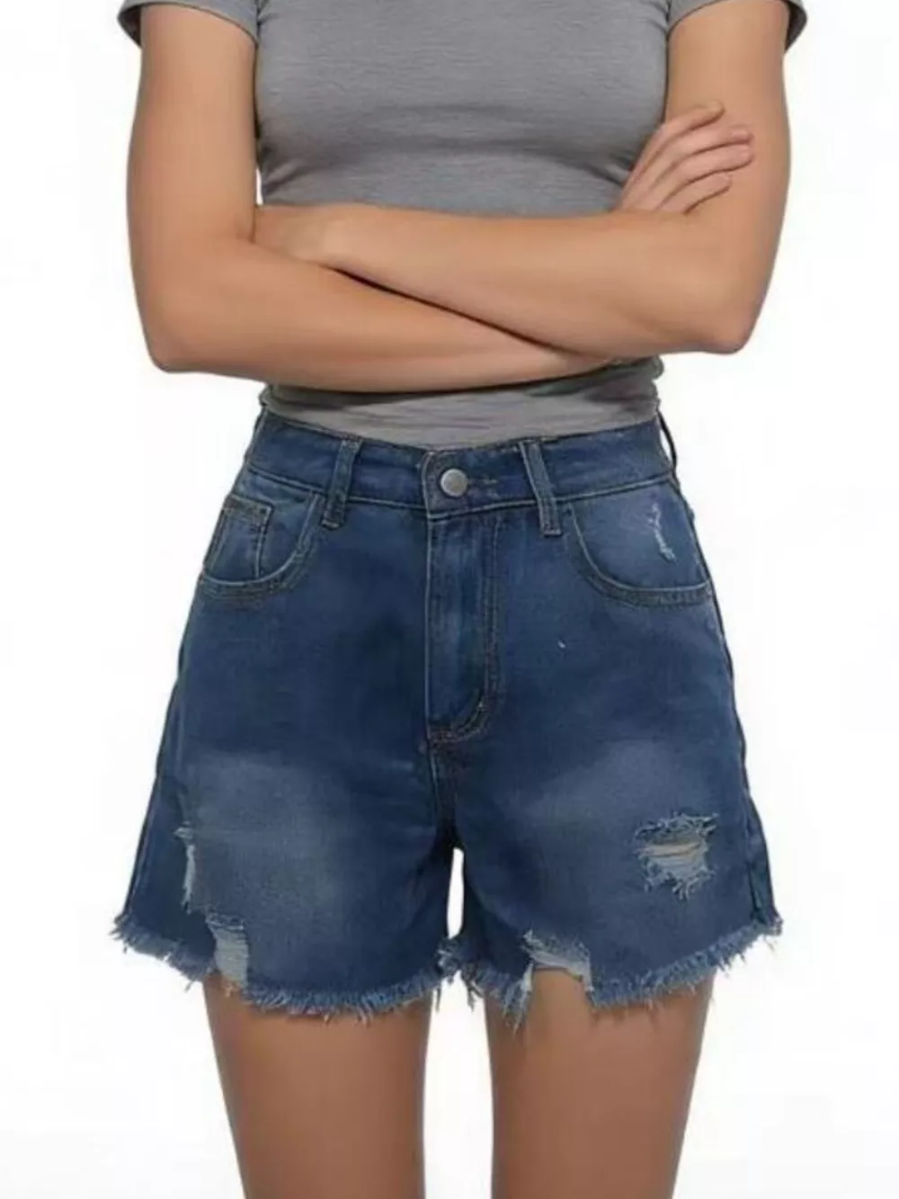 Distressed Frayed Hem Denim Shorts, image 2