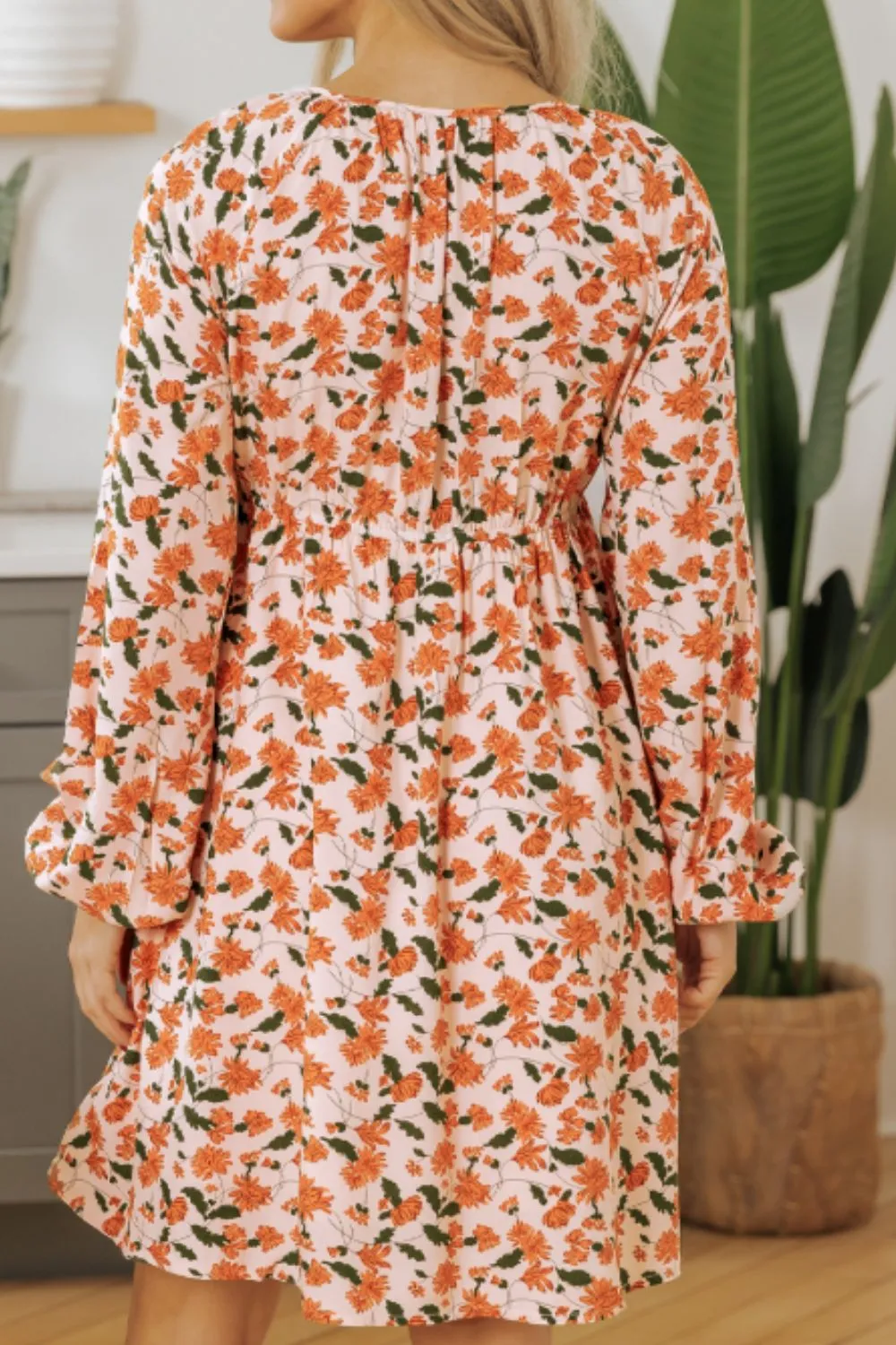 Smocked Printed V-Neck Long Sleeve Dress, image 3