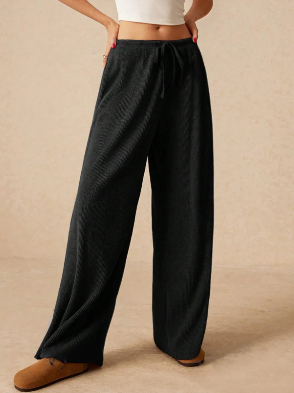 Ribbed Drawstring Wide Leg Pants, image 5