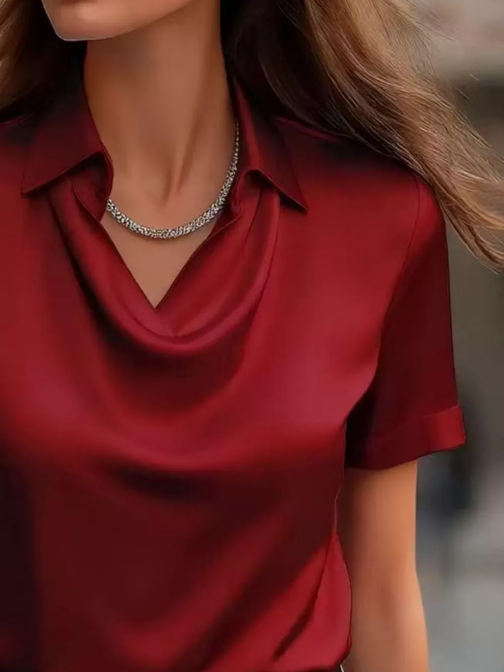 Full Size Cowl Neck Short Sleeve Satin Blouse Plus Size, image 10