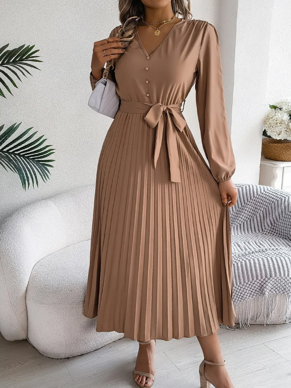 Pleated Tied V-Neck Long Sleeve Dress, image 6