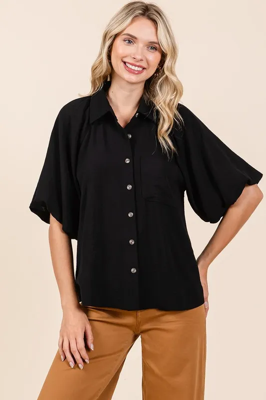 Airflow Short Bubble Sleeve Button Down Shirt, image 3