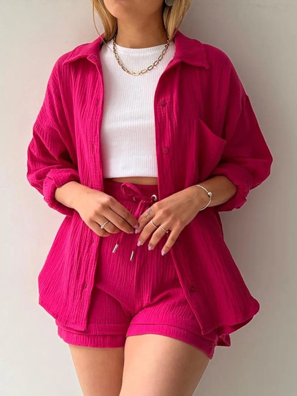 Textured Button Up Shirt and Shorts Set, image 3