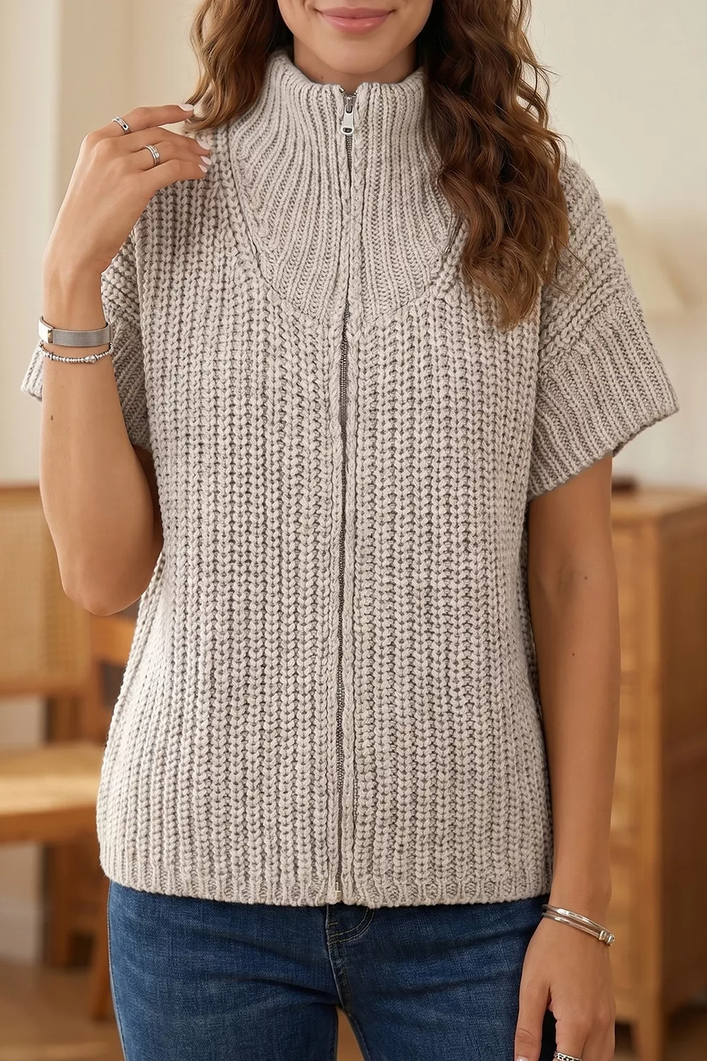 Solid Color Short Sleeve Zipper Knit High Neck Sweater, image 4