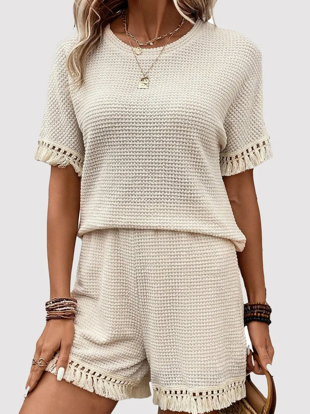 Tassel Round Neck Top and Shorts Set, image 2