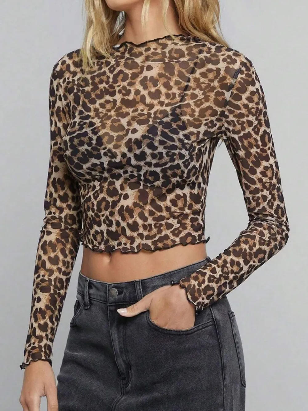 Leopard Mock Neck Long Sleeve Sheer Top, image 2
