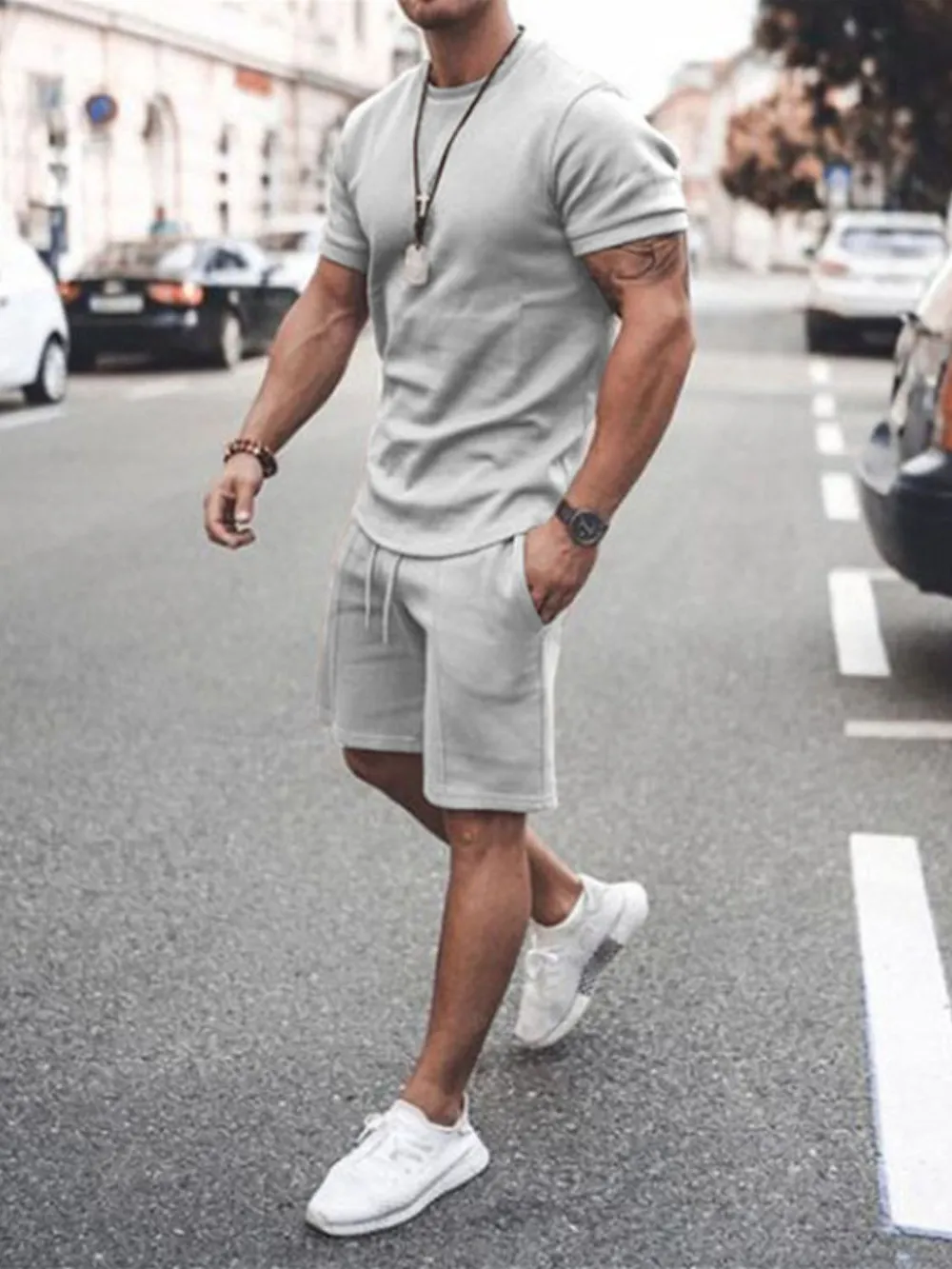 Men's Plus Size Round Neck Short Sleeve Top and Shorts Set, image 2