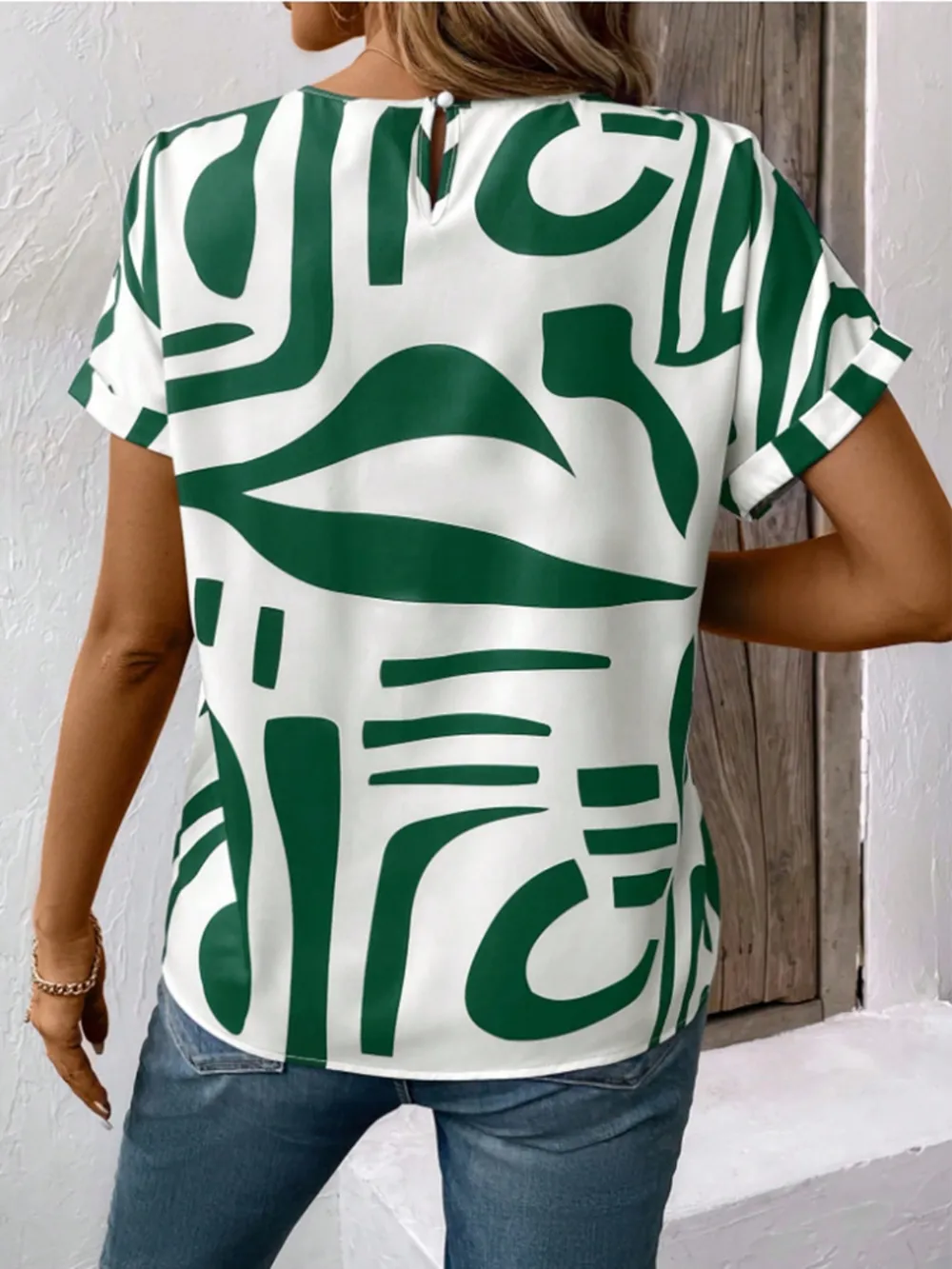 Contrast Round Neck Short Sleeve Blouse, image 3