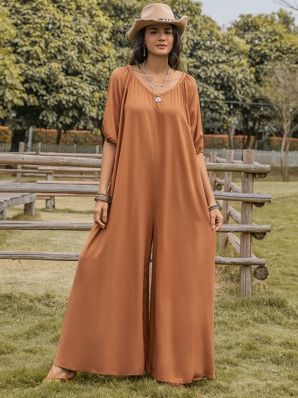 Scoop Neck Half Sleeve Wide Leg Jumpsuit, image 6