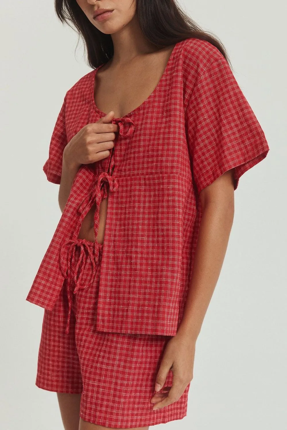 Plaid Tied Scoop Neck Short Sleeve Top and Drawstring Shorts Set, image 9