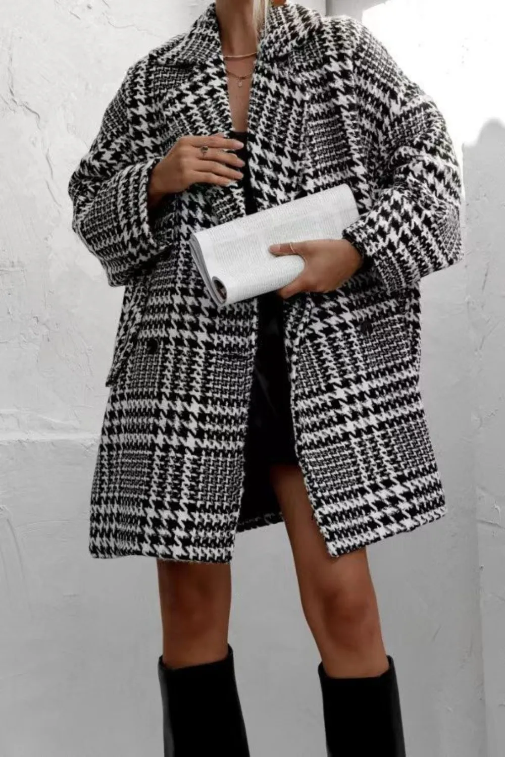 Houndstooth Collared Neck Long Sleeve Coat with Pockets, image 4