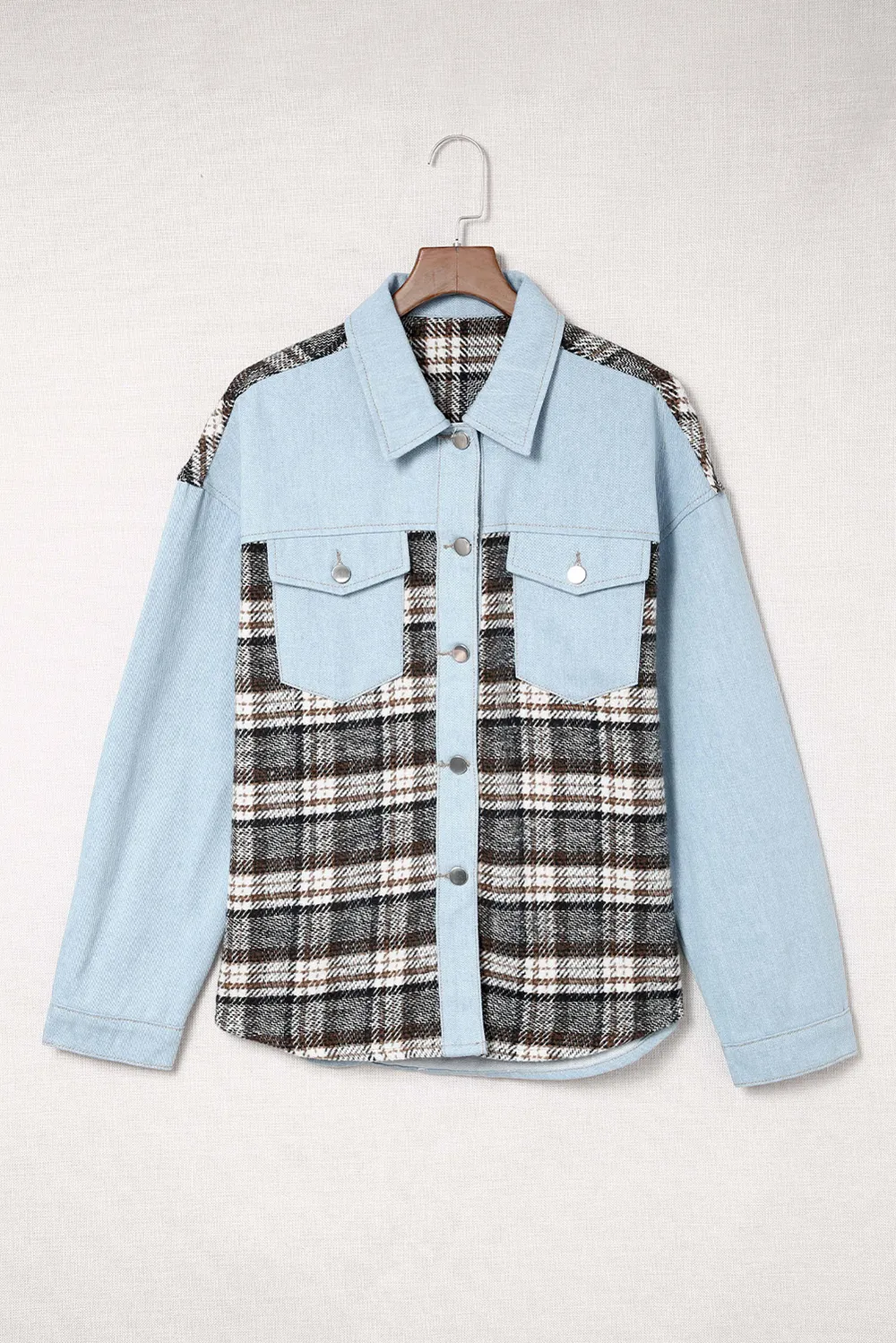 Plaid Pocketed Button Up Denim Jacket, image 2