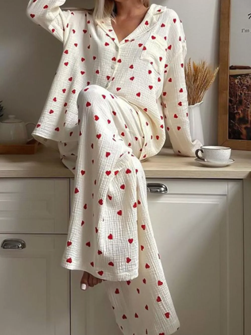 Heart Print Button Up Top and Pants Lounge Set, image 2