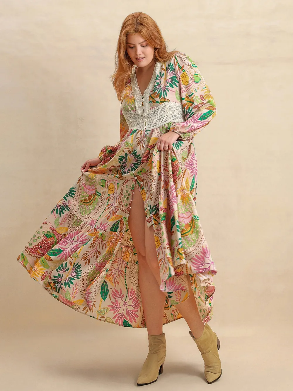 Plus Size Lace Detail Printed V-Neck Balloon Sleeve Dress, image 2
