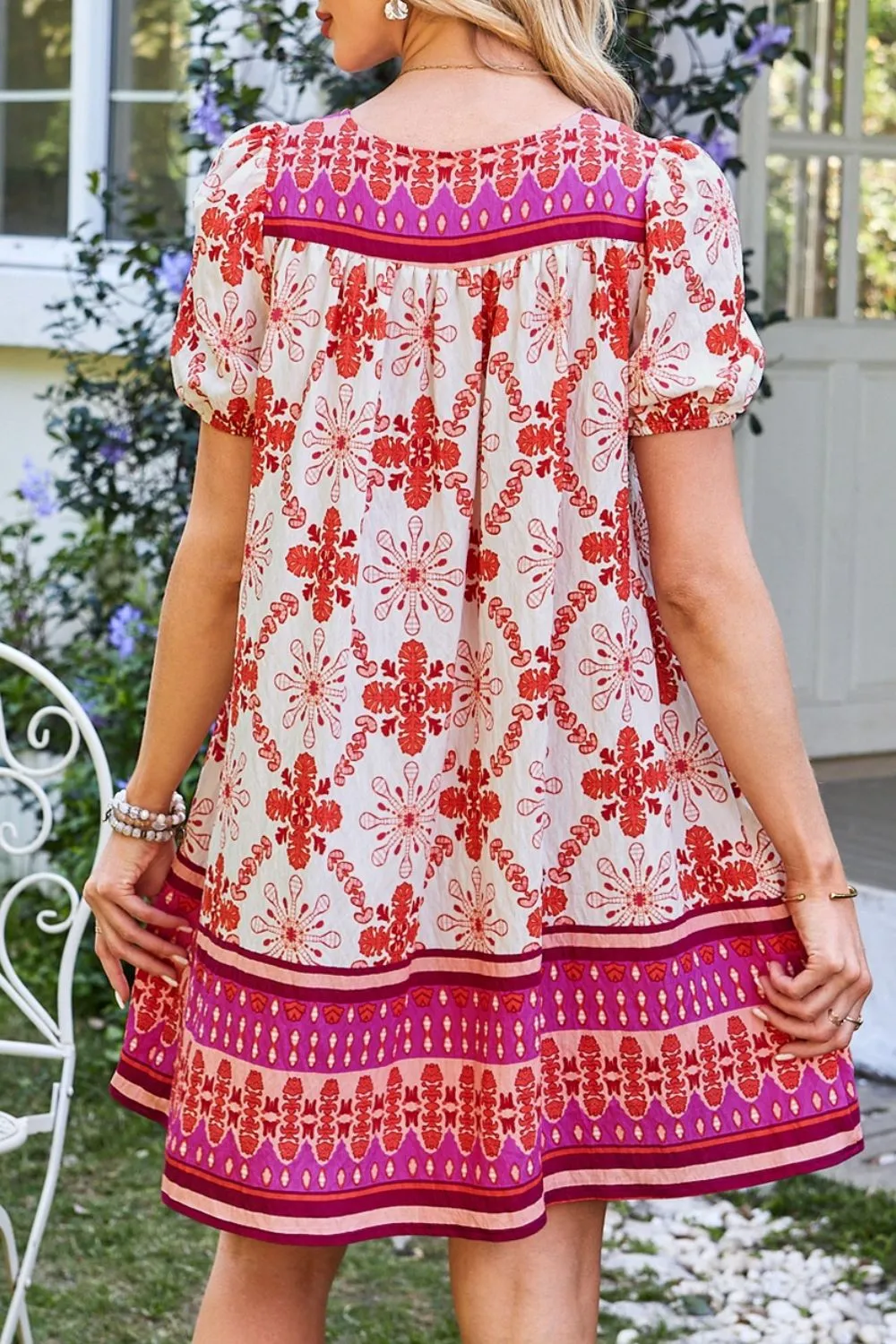 Boho Floral Short Sleeve Tie Neck Mini Dress, image 2