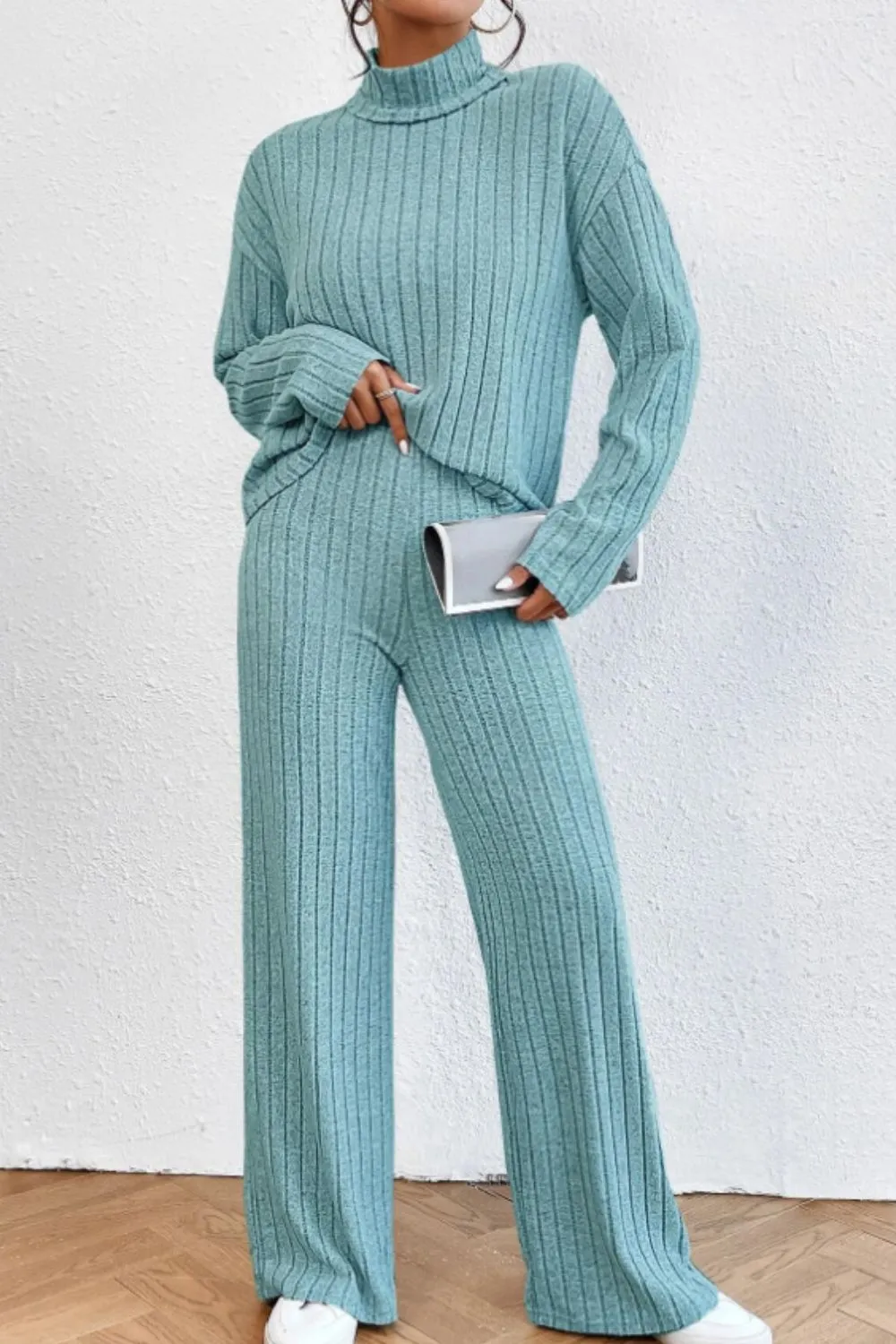 Mock Neck Dropped Shoulder Top and Pants Set, image 12