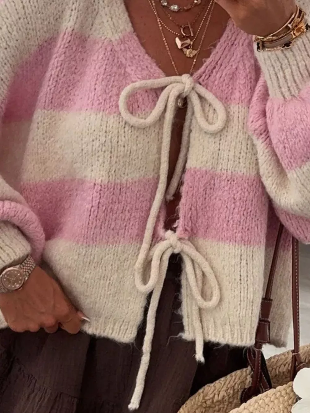Striped Tie-Front Knit Cardigan, image 4