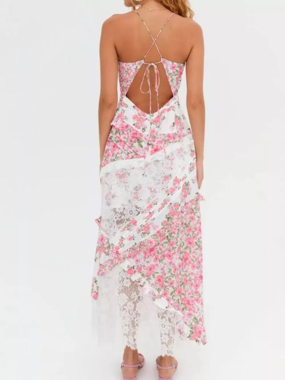 Lace Detail Ruffled Floral V-Neck Maxi Dress, image 2