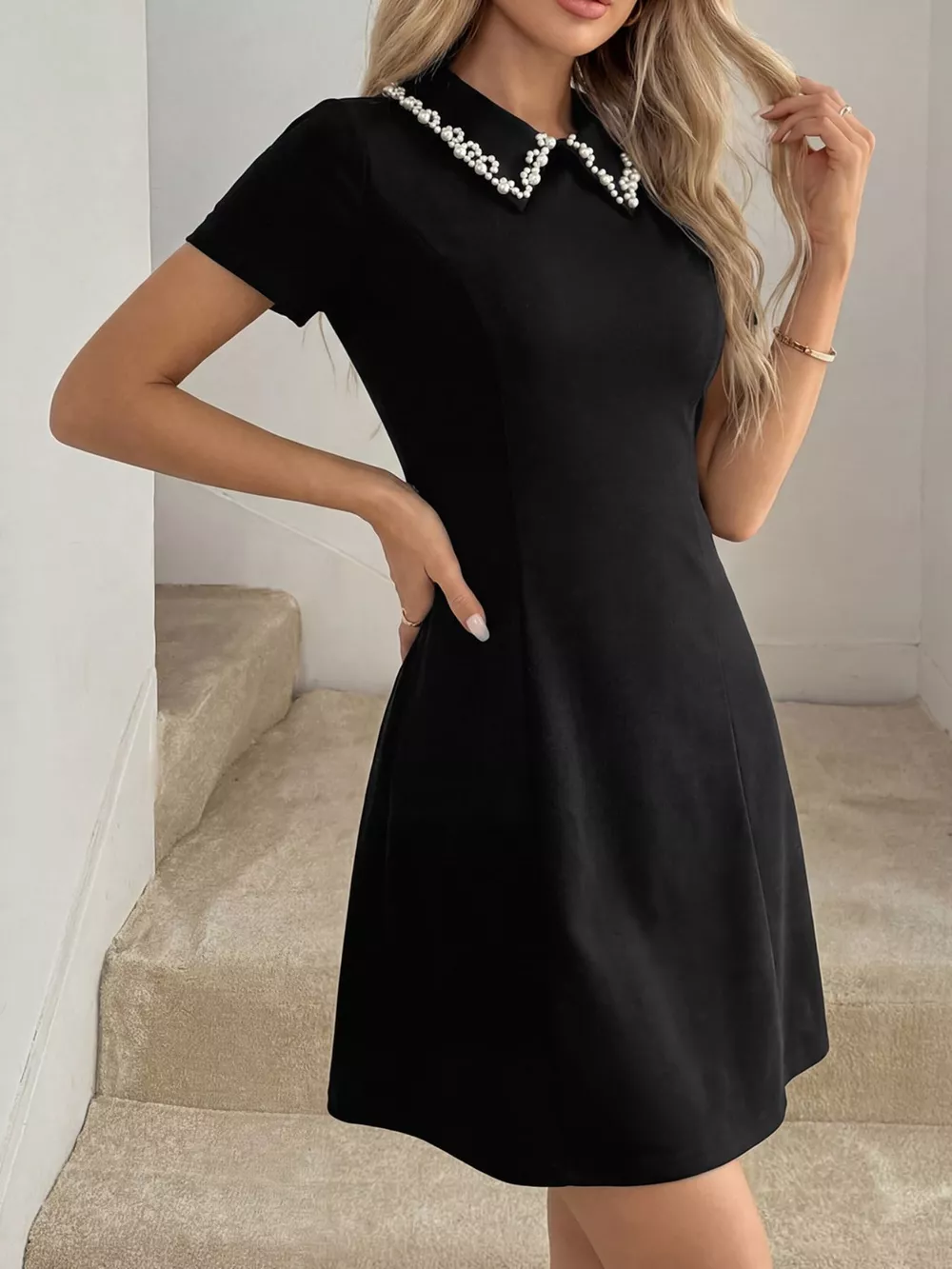 Bead Collar Short Sleeve Mini Dress, image 3