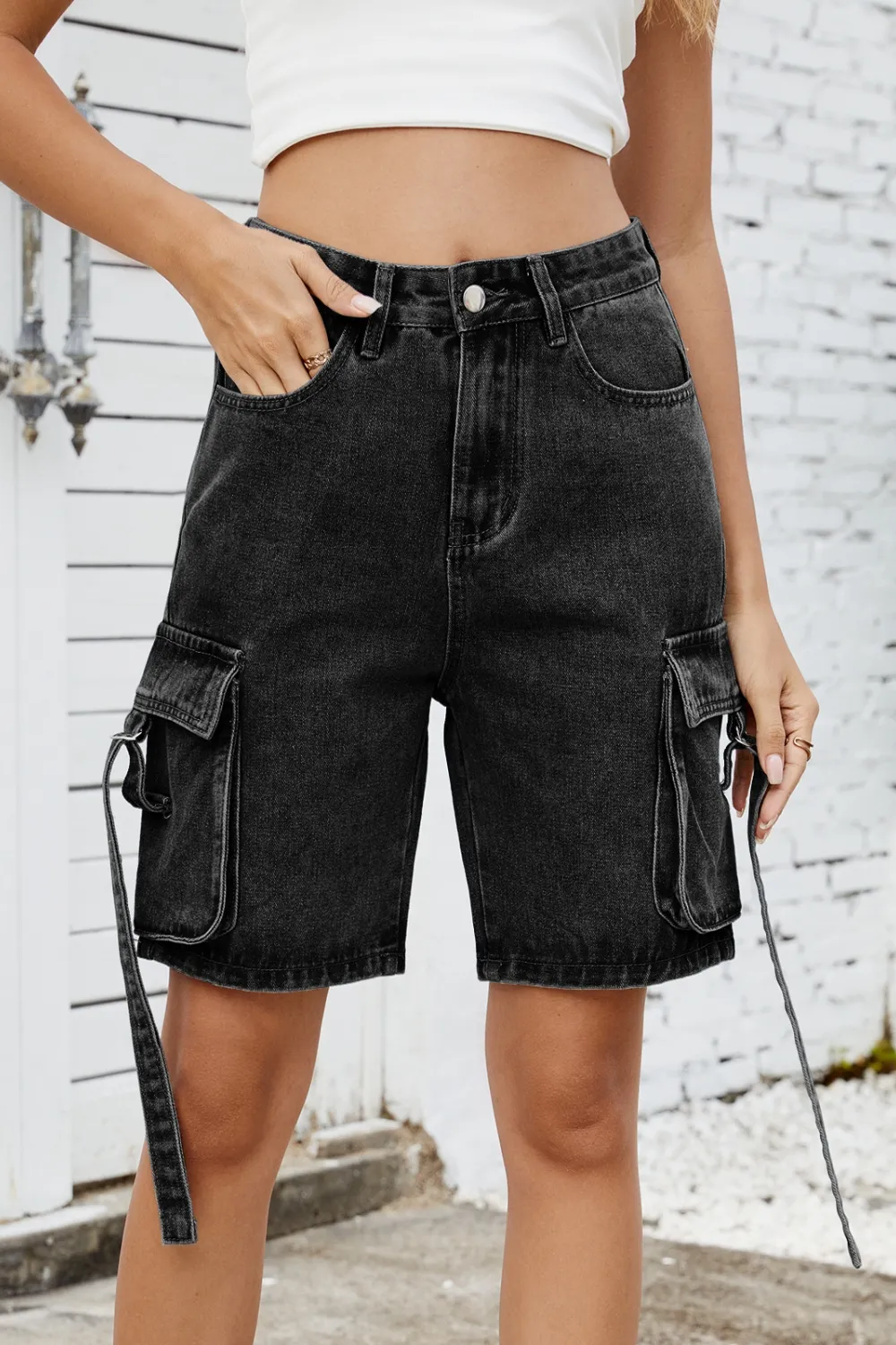 Washed Cargo Denim Shorts, image 2