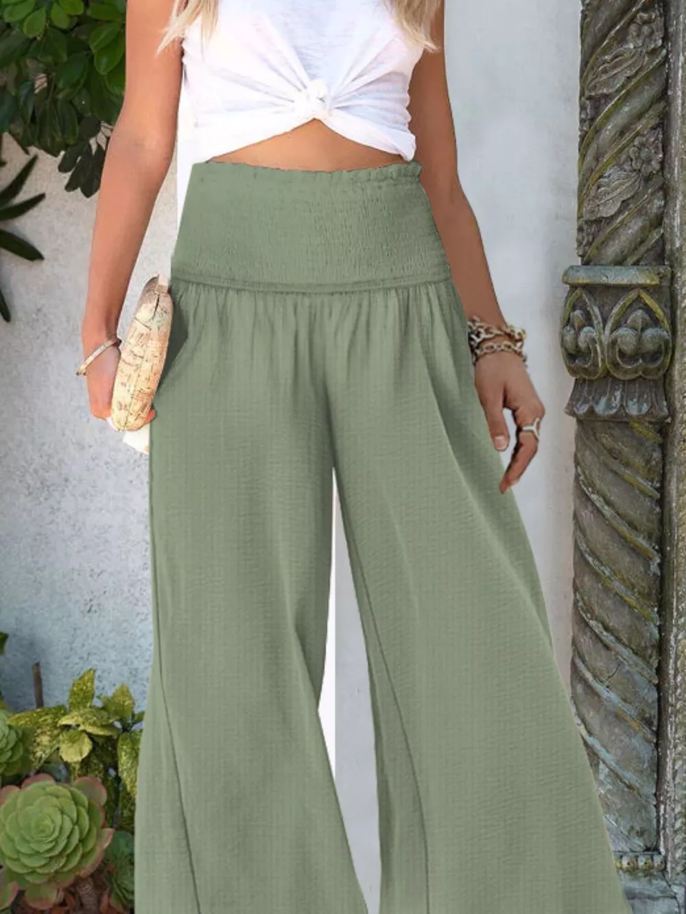 Wide-Leg Smocked Waist Pants, image 8