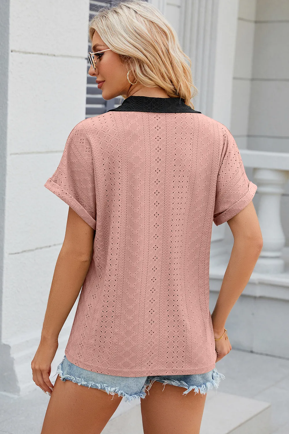 Eyelet Johnny Collar Short Sleeve T-Shirt, image 28