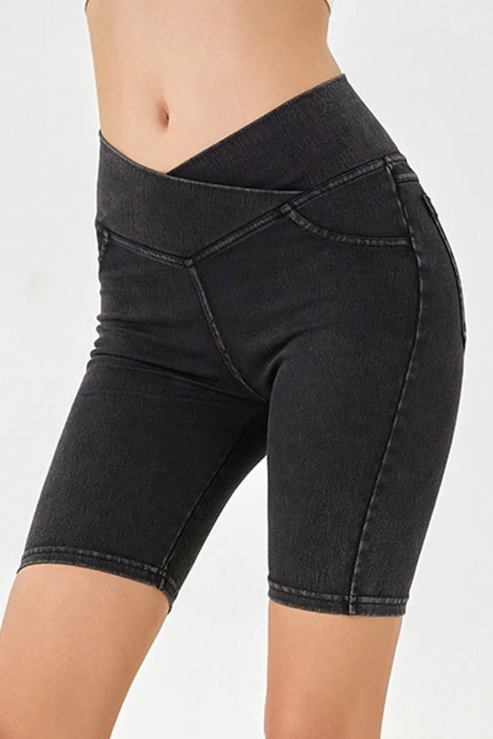 Asymmetrical Waist Denim Shorts with Pockets, image 2