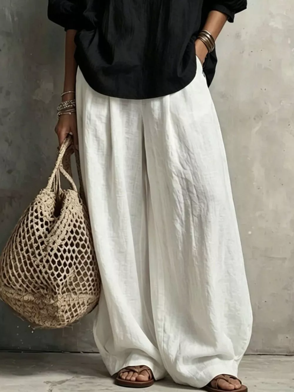 Notched Blouse and Wide-Leg Pants Set, image 5