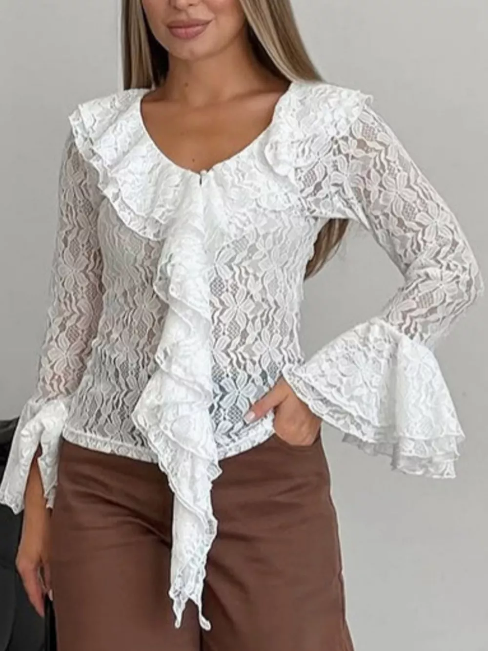 Ruffle Lace Flounce Sleeve Blouse, image 6