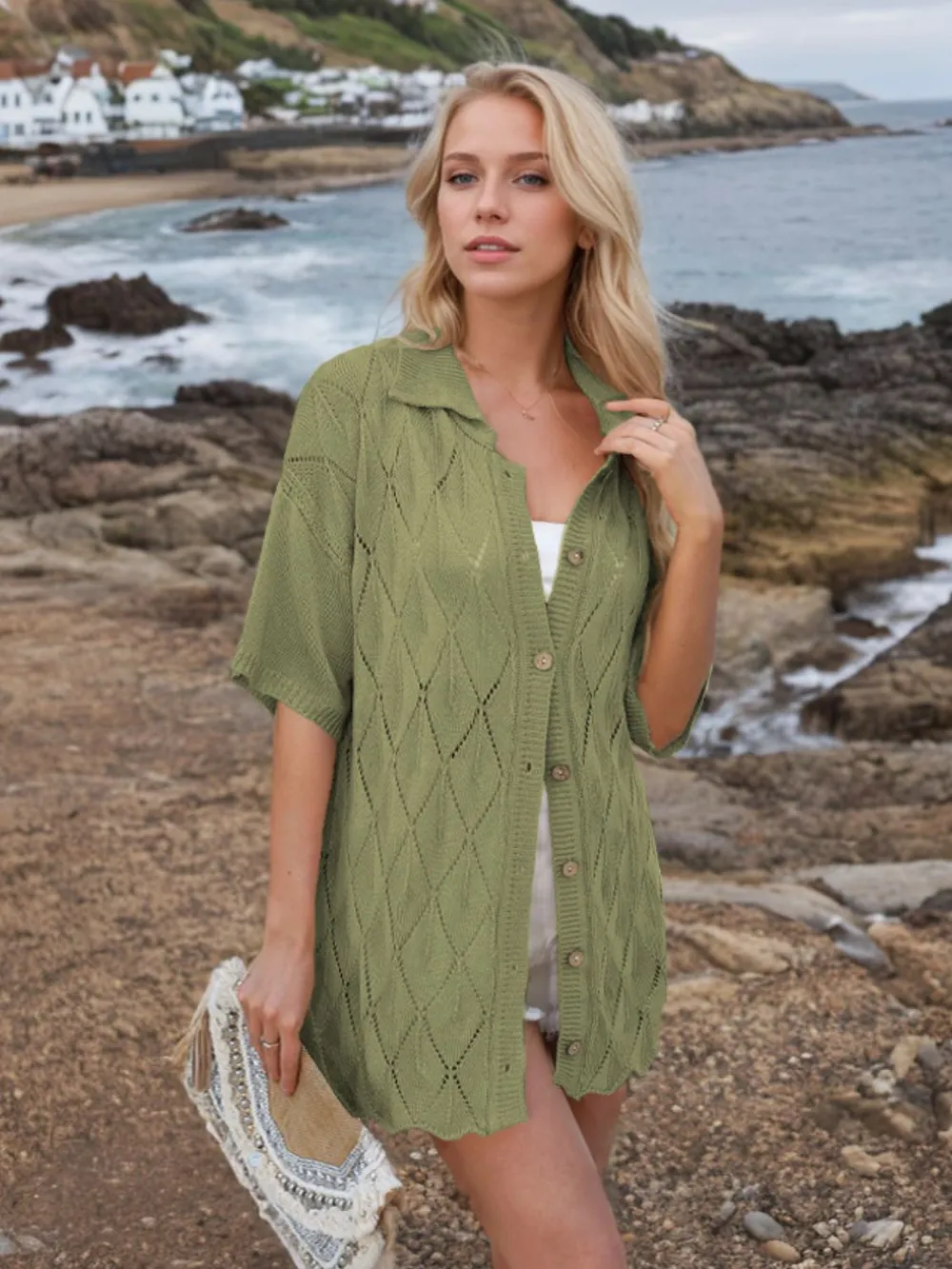 Button Down Eyelet Collared Neck Knit Shirt, image 12