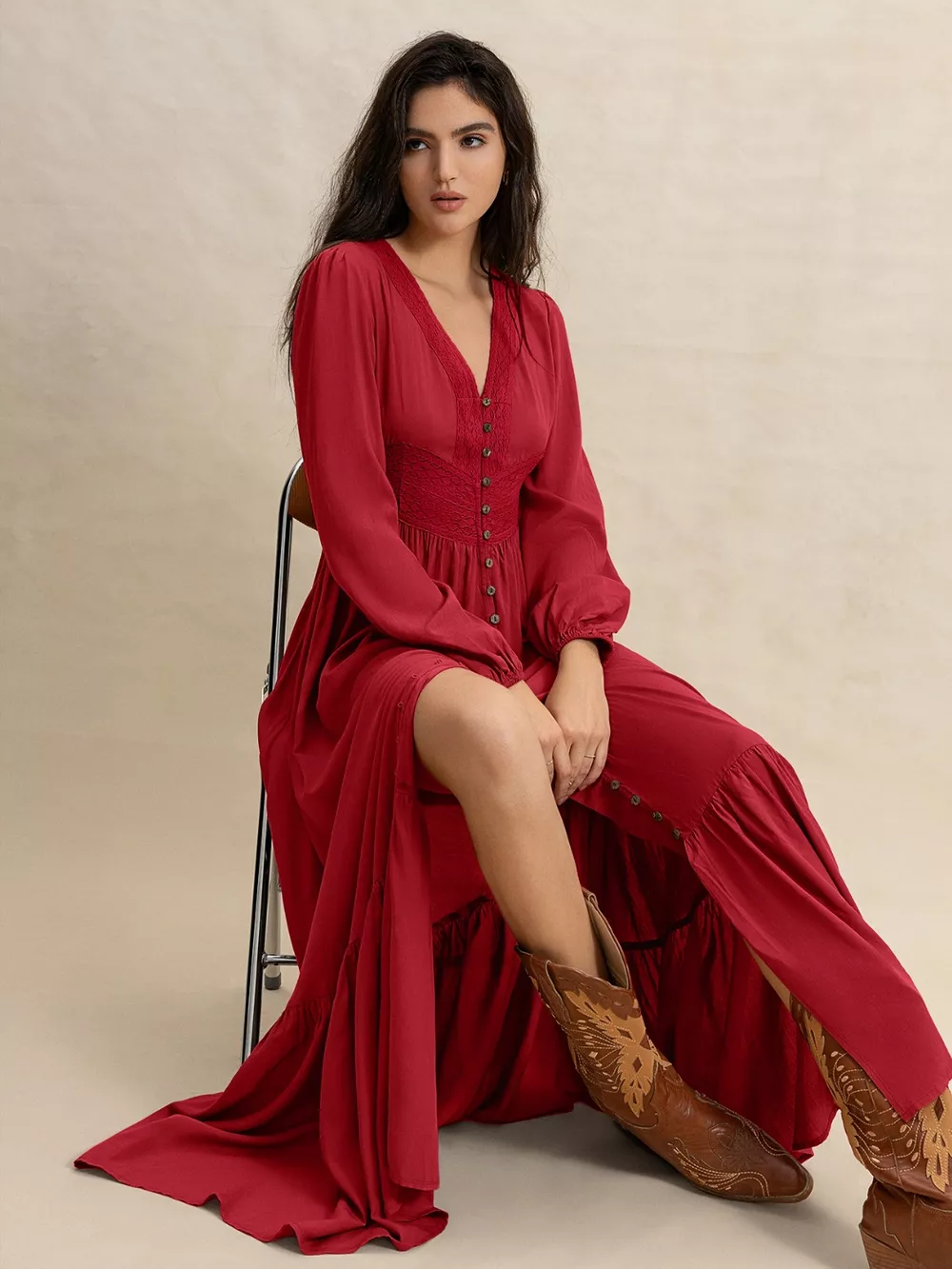 V-Neck Balloon Sleeve Ruffled Hem Maxi Dress, image 3