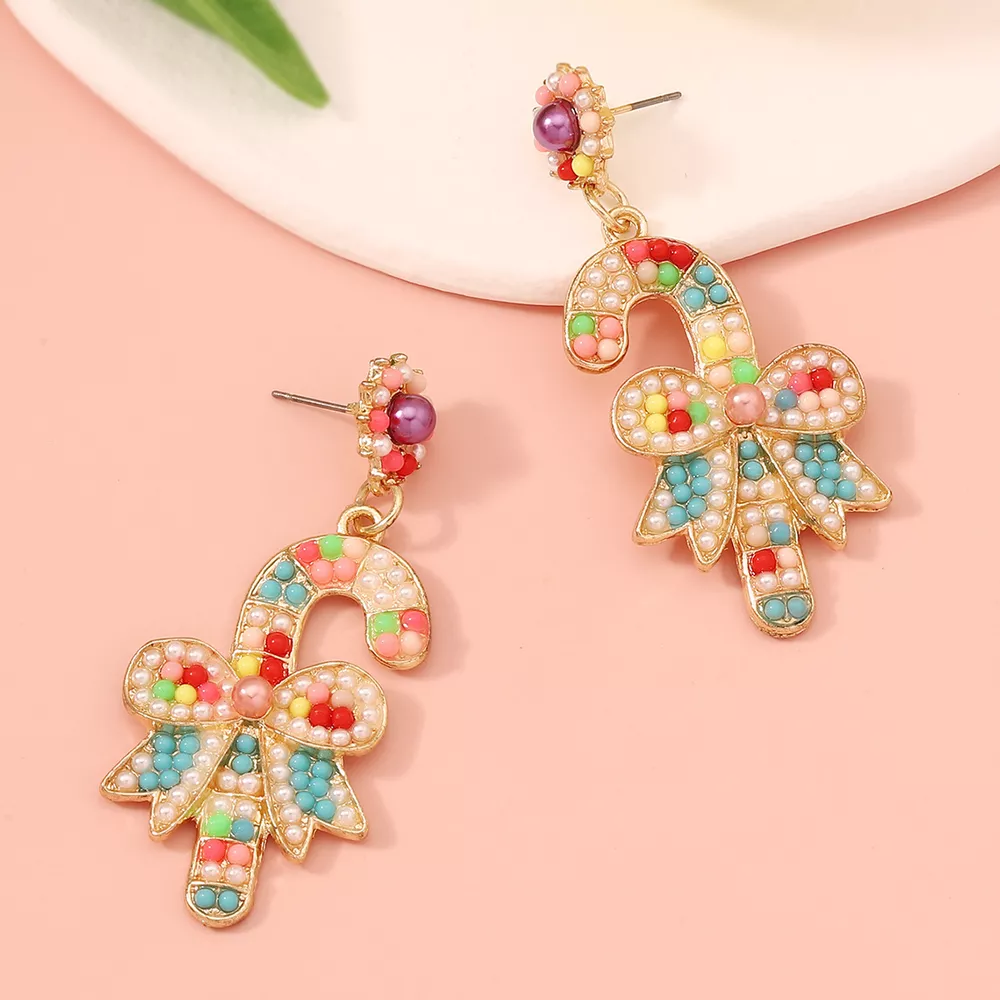 Christmas Candy Cane Bow Drop Earrings, image 3