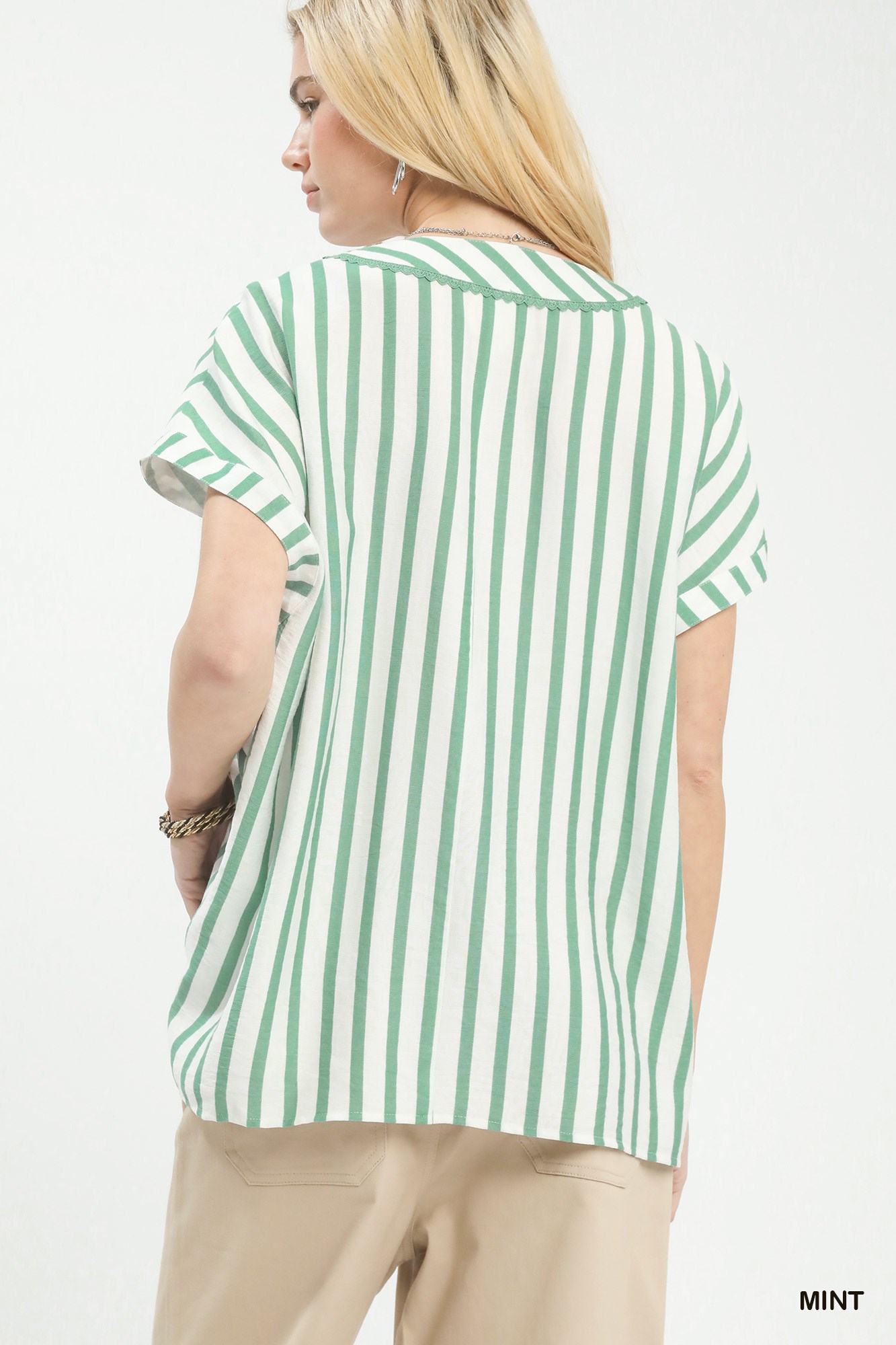 Mixed Stripe Split Neck Oversized Blouse, image 3