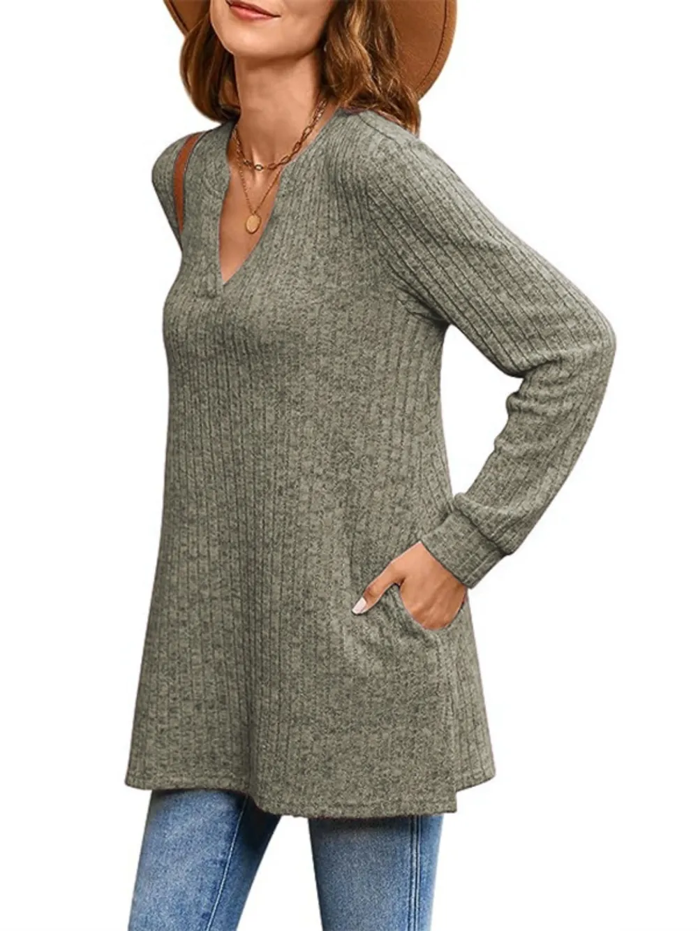Ribbed Notched Long Sleeve T-Shirt, image 19