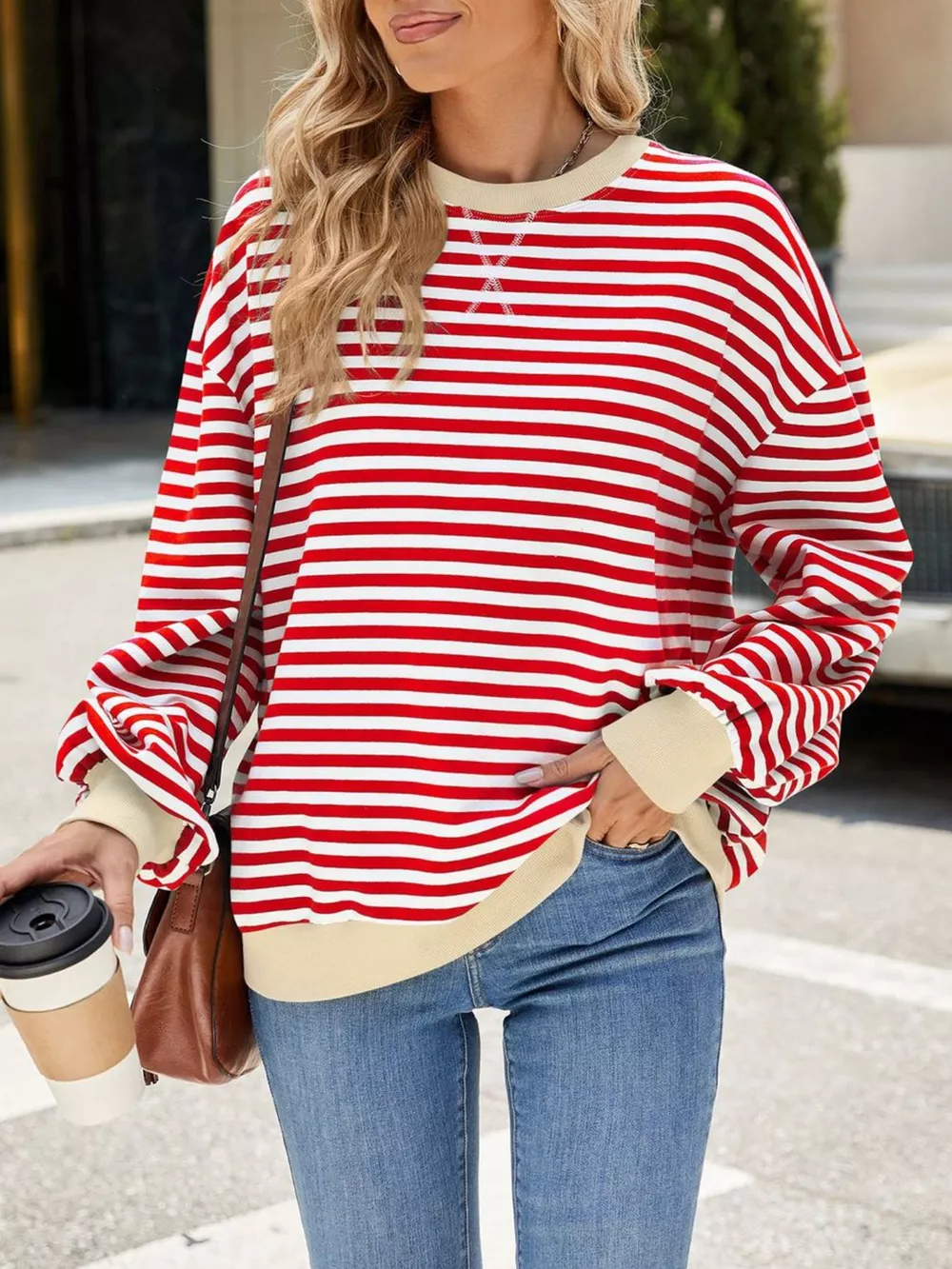 Striped Crew Neck Long Sleeve Sweatshirt, image 3