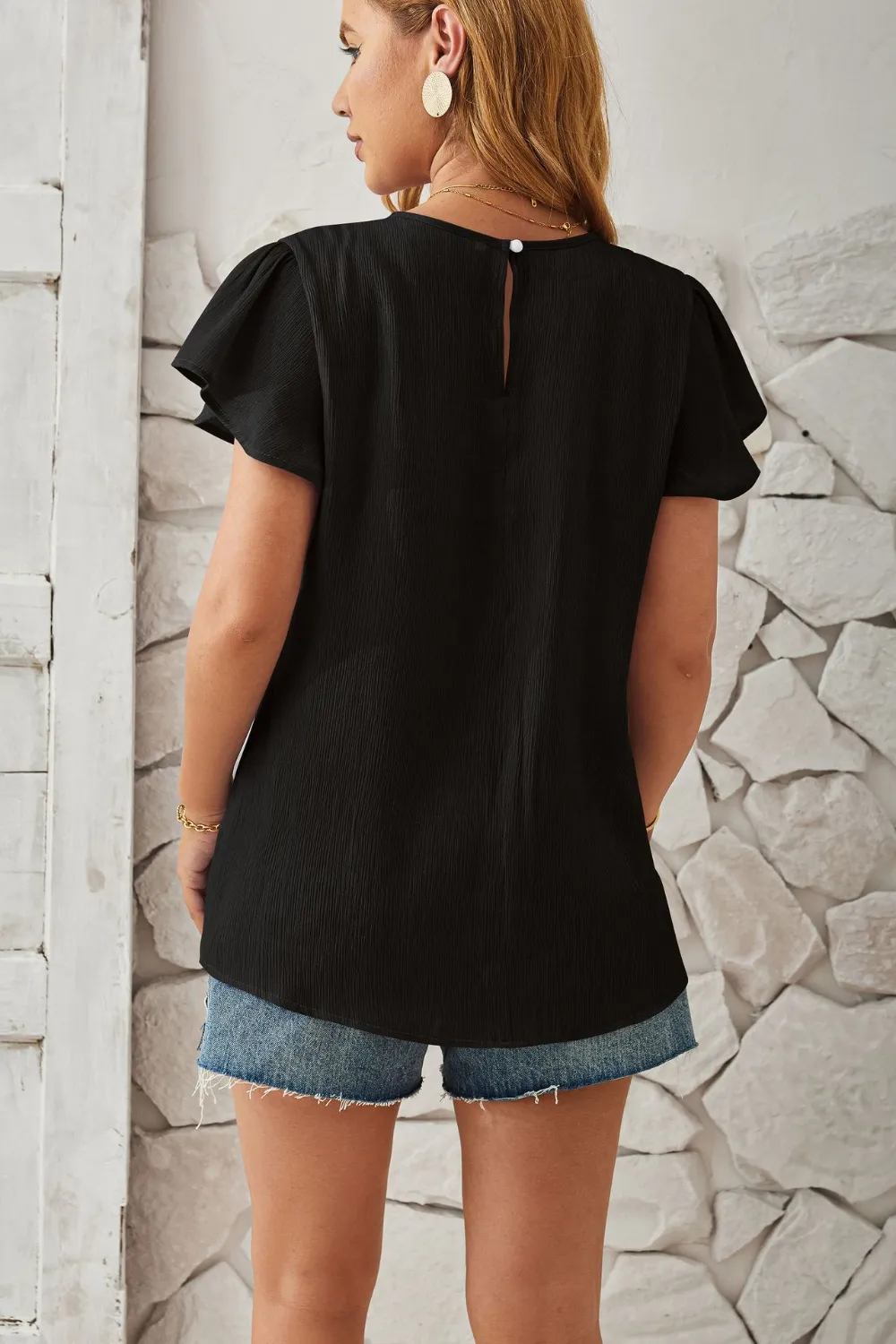 Round Neck Keyhole Cap Sleeve T-Shirt, image 12