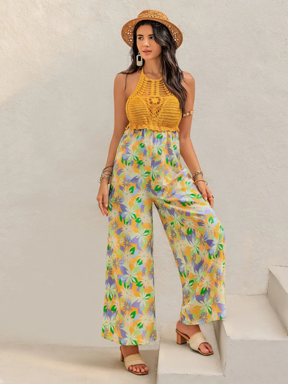 Openwork Halter Neck Floral Wide Leg Jumpsuit, image 2