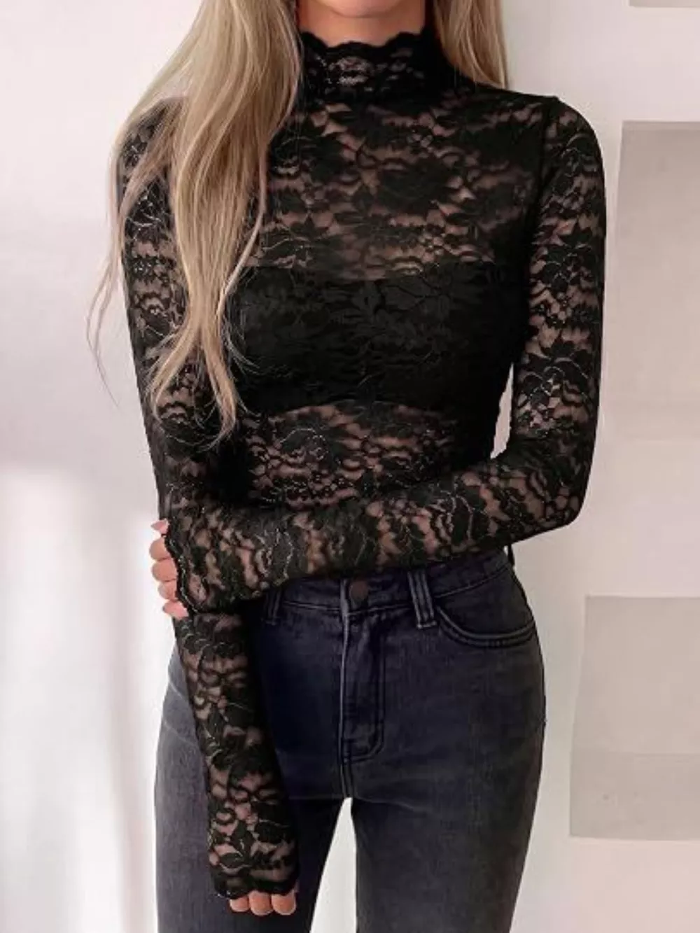 Lace Mock Neck Long Sleeve Top, image 5