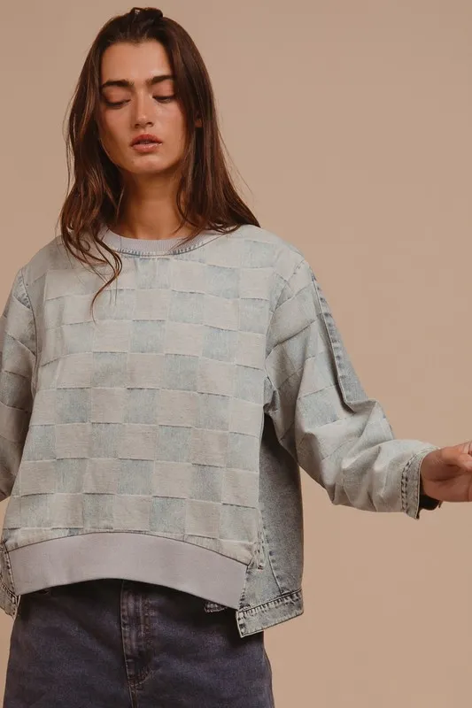 Mineral Washed Checkered Round Neck Denim Top, image 7