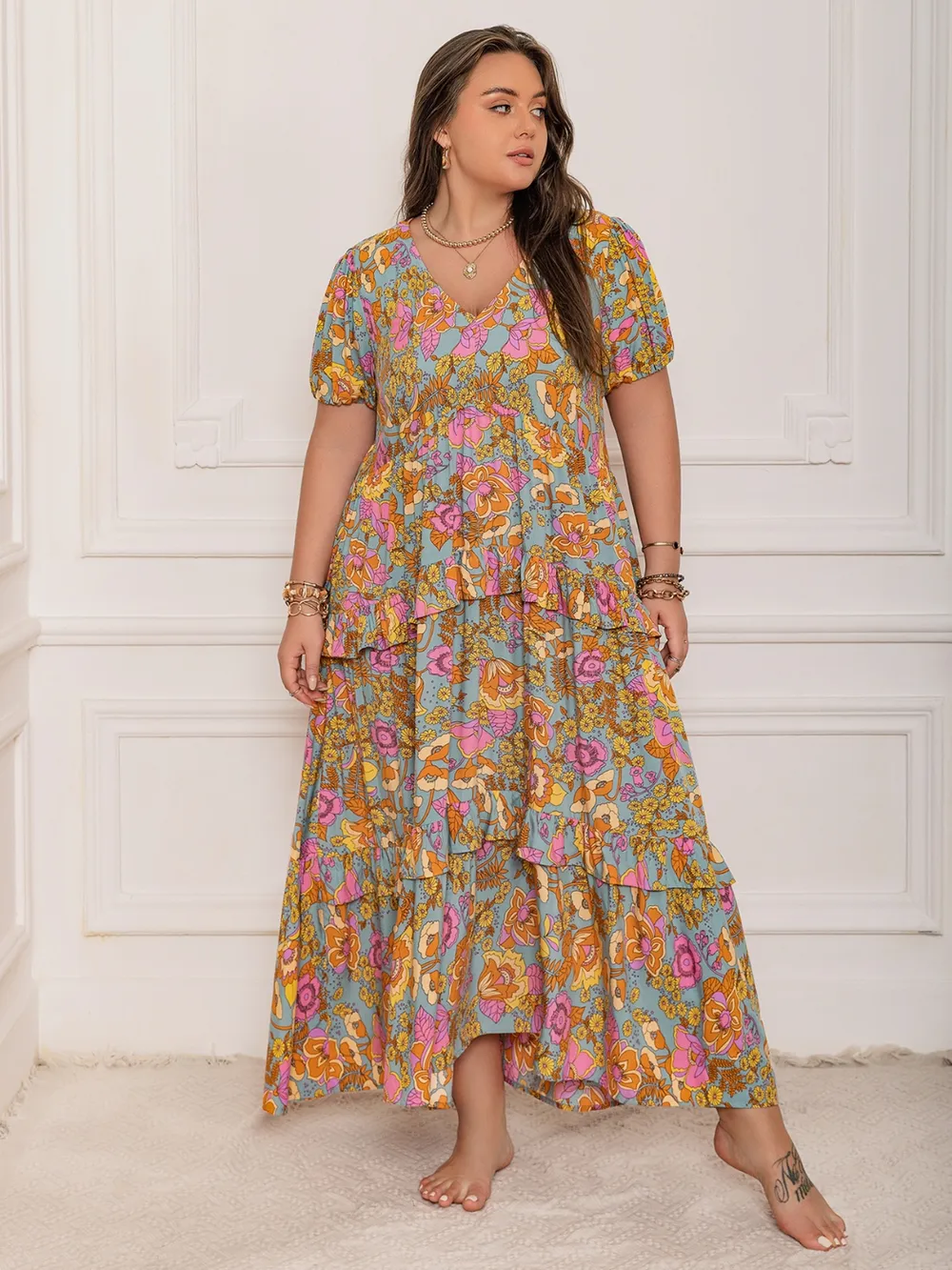 Plus Size Printed V-Neck Short Sleeve Maxi Dress, image 2