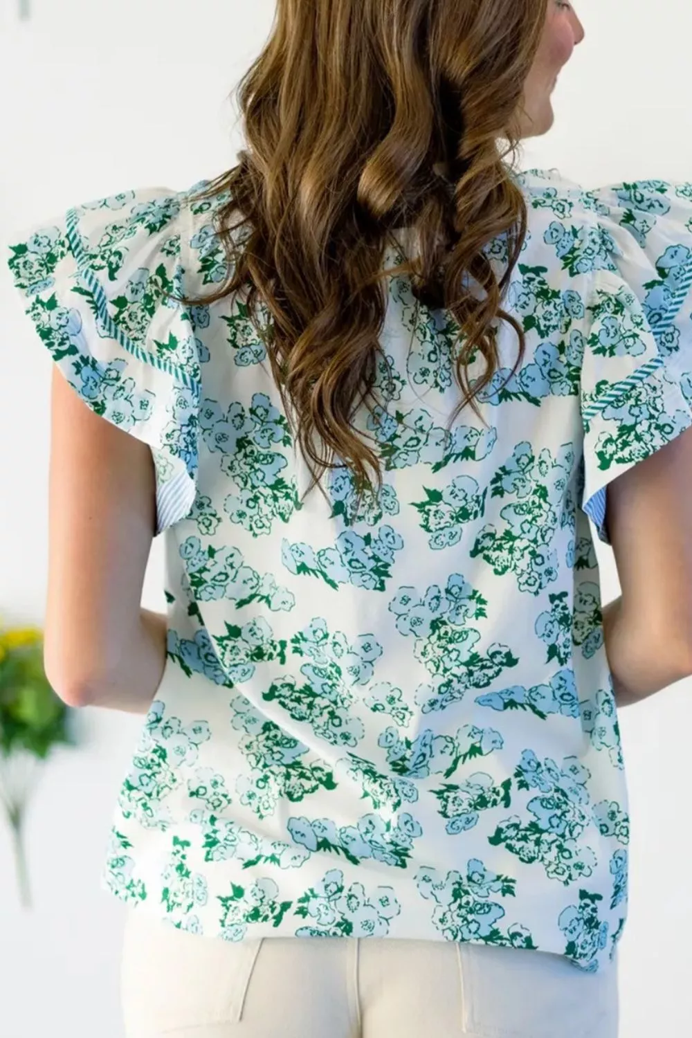 Floral Meets Stripes V Neck Flutter Sleeve Blouse, image 2