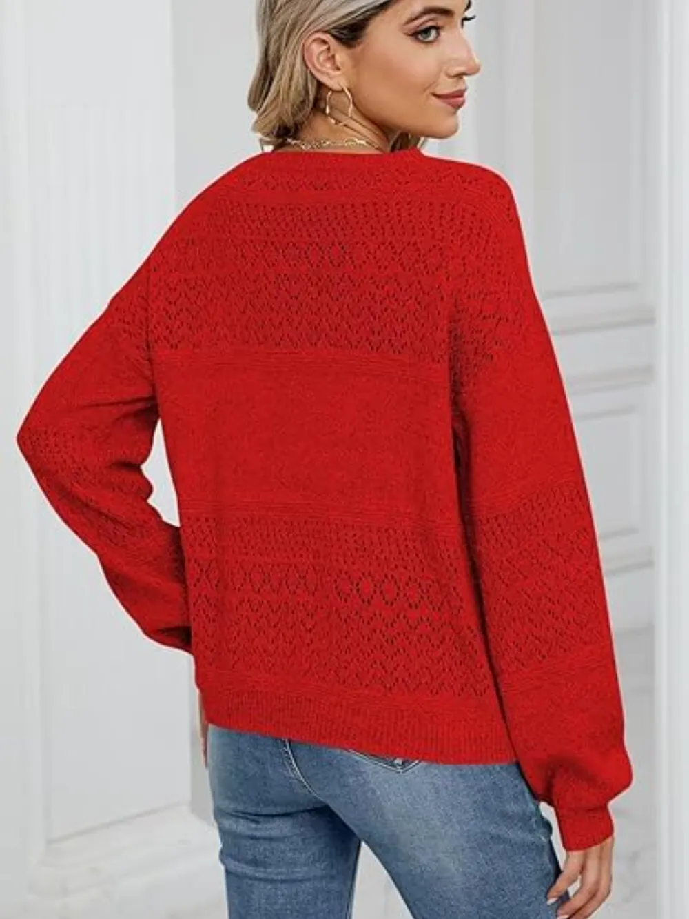 Eyelet V-Neck Long Sleeve Sweater, image 4